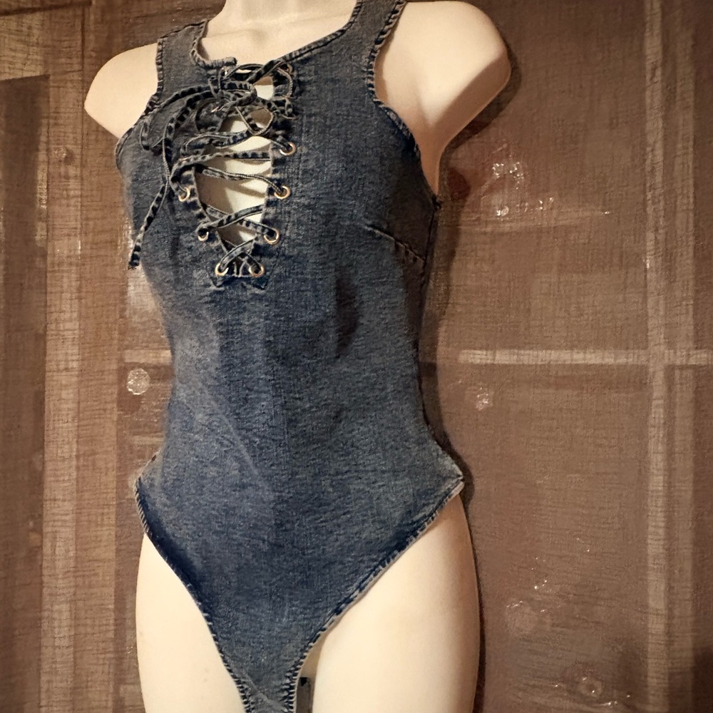 Trac Denim Lace-Up front and zipper back Bodysuit